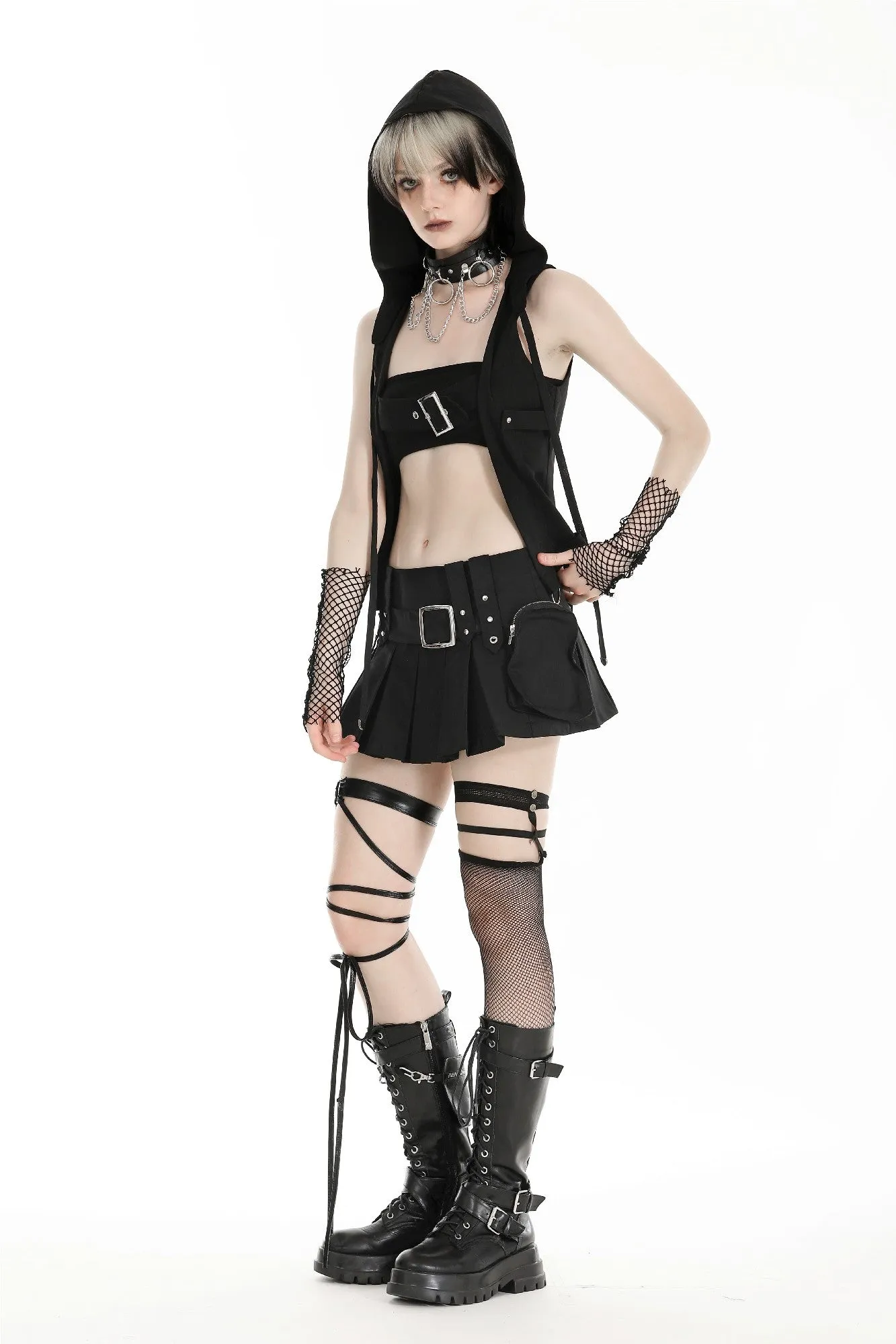 Black playful hooded Harajuku-style tank top. TW590