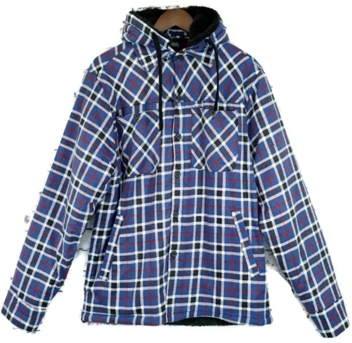 Mens Sherpa Fur Fleece Flannelette Jacket w Hood Warm Winter Button Up Cotton