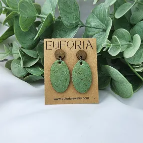 Oval Cork Over Leather Earrings - Green Gold Wash