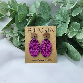 Oval Leather Earrings - Cracked Holographic Hot Pink