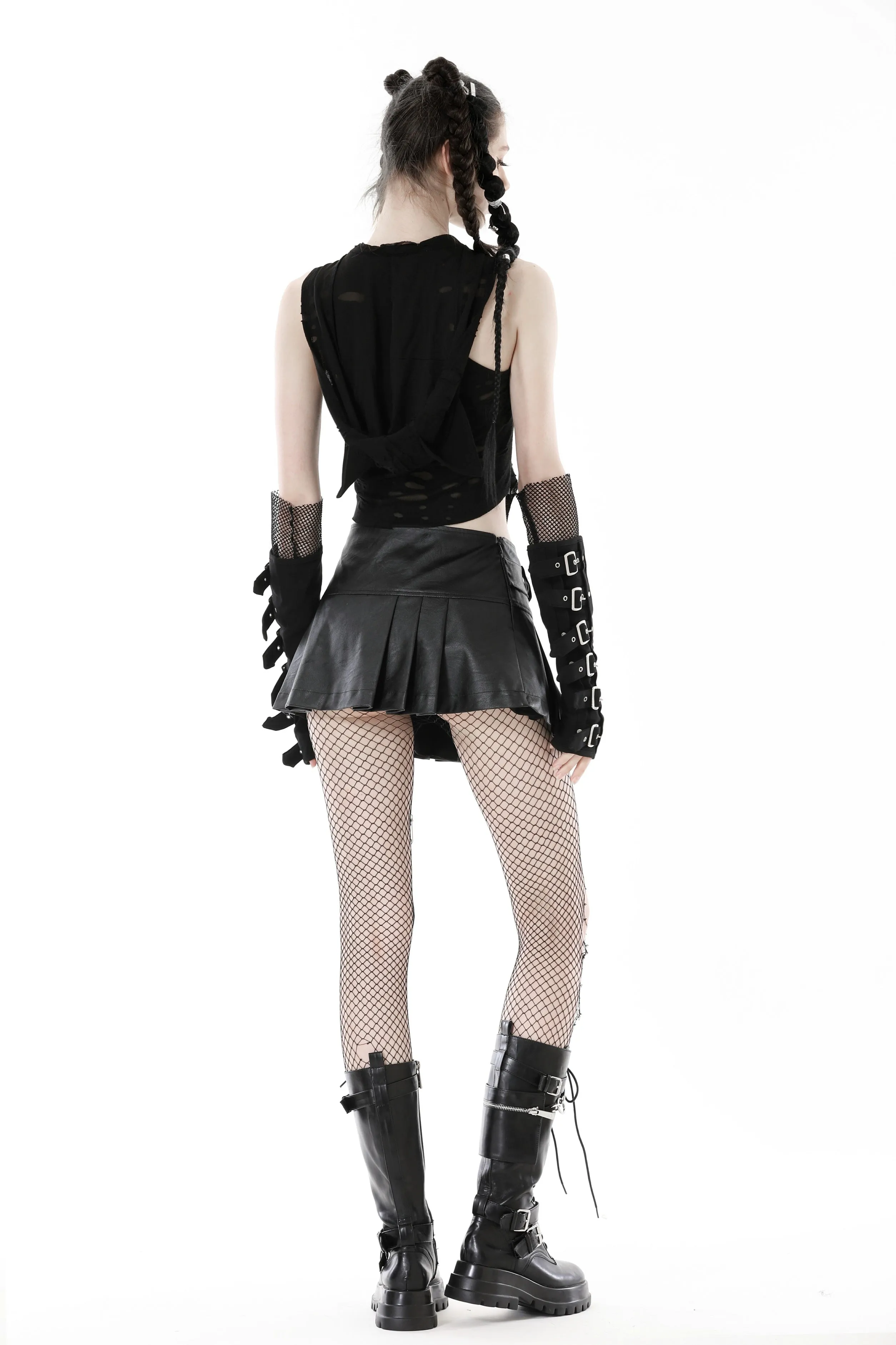 Punk bone zipper cat ear hooded hole crop top TW515