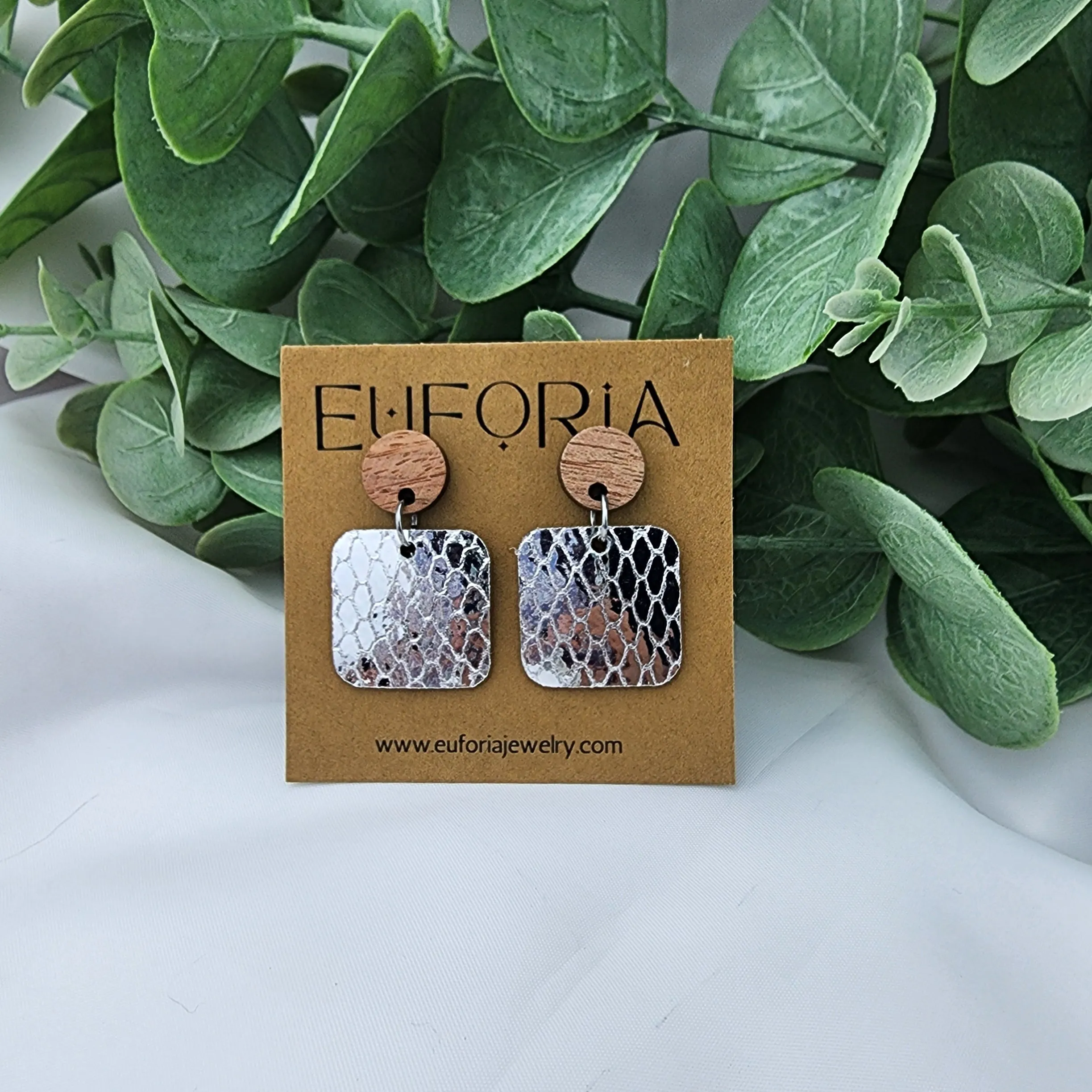 Small Square Leather Earrings - Metallic Silver Snake