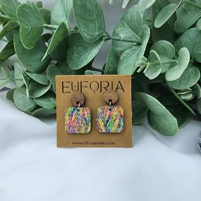 Small Square Leather Earrings - Multi-color Feather Pattern