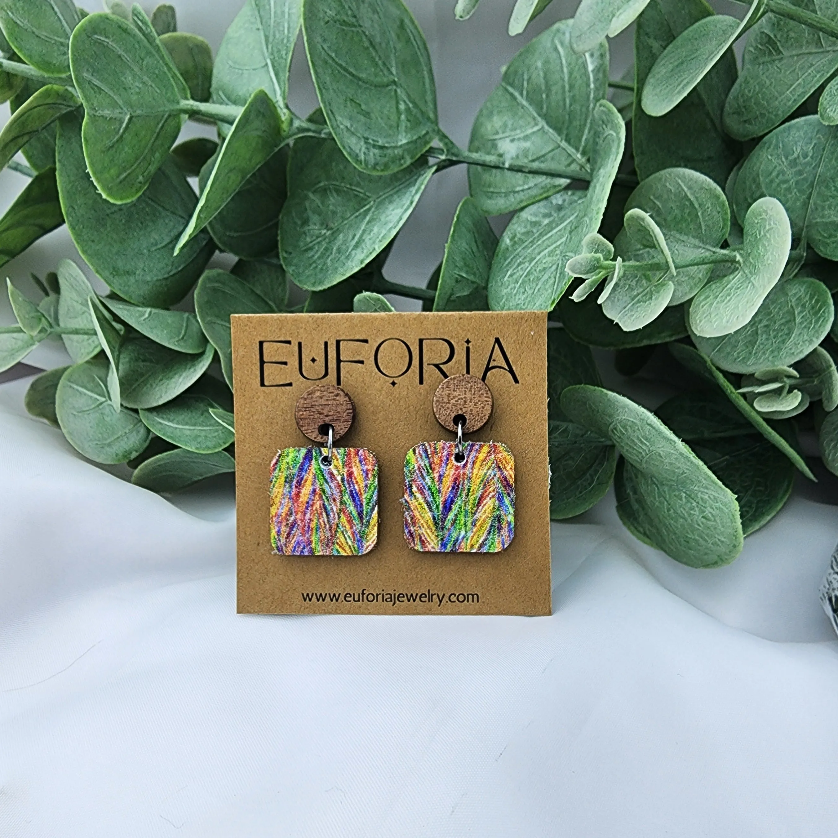 Small Square Leather Earrings - Multi-color Feather Pattern