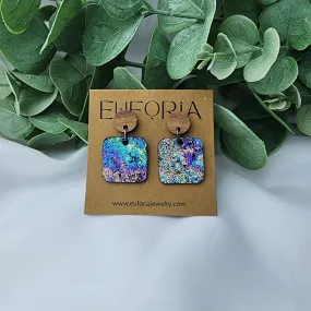 Small Square Leather Earrings - Multi-Color Metallic Oil Slick
