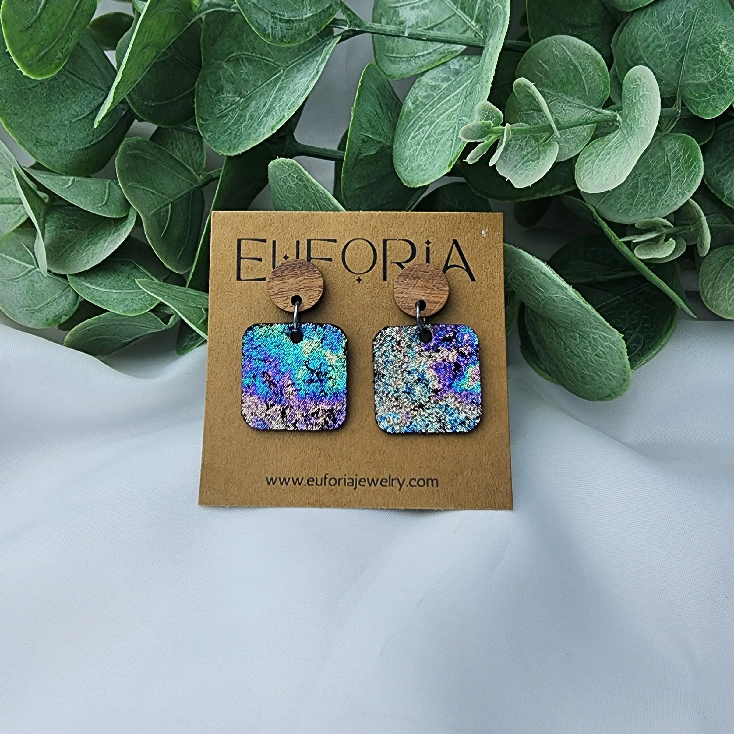 Small Square Leather Earrings - Multi-Color Metallic Oil Slick