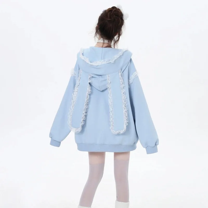 Sweet Girl Style Lace Rabbit Ears Hooded Coat