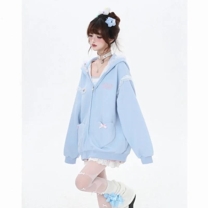 Sweet Girl Style Lace Rabbit Ears Hooded Coat