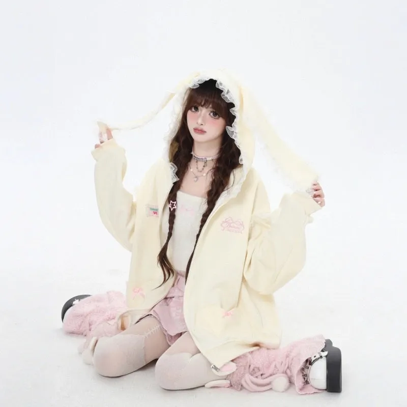 Sweet Girl Style Lace Rabbit Ears Hooded Coat