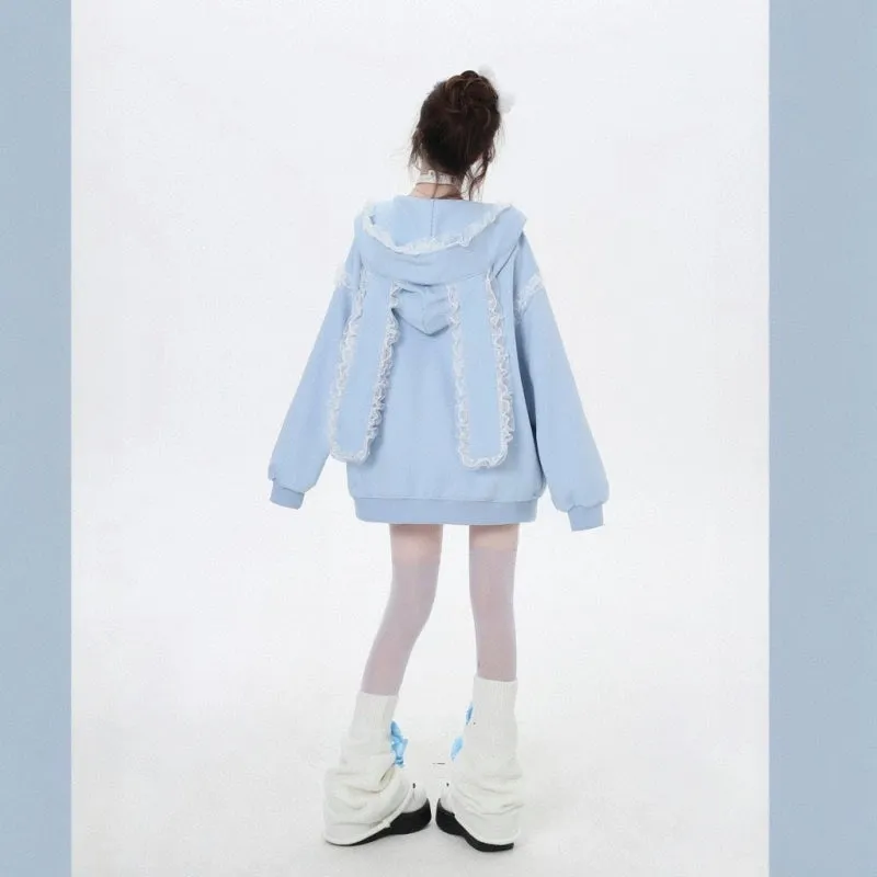 Sweet Girl Style Lace Rabbit Ears Hooded Coat