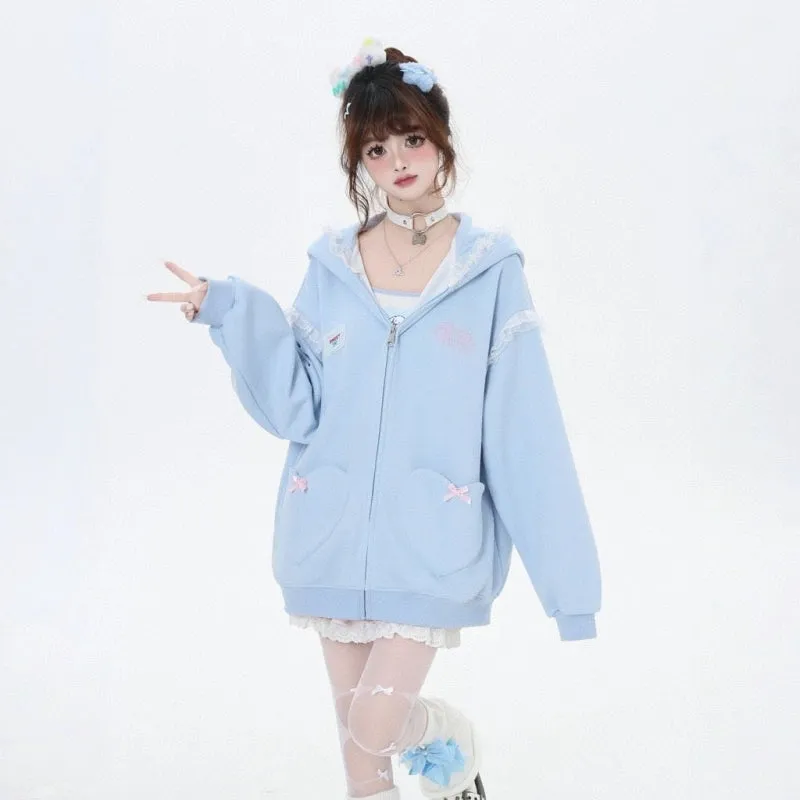 Sweet Girl Style Lace Rabbit Ears Hooded Coat