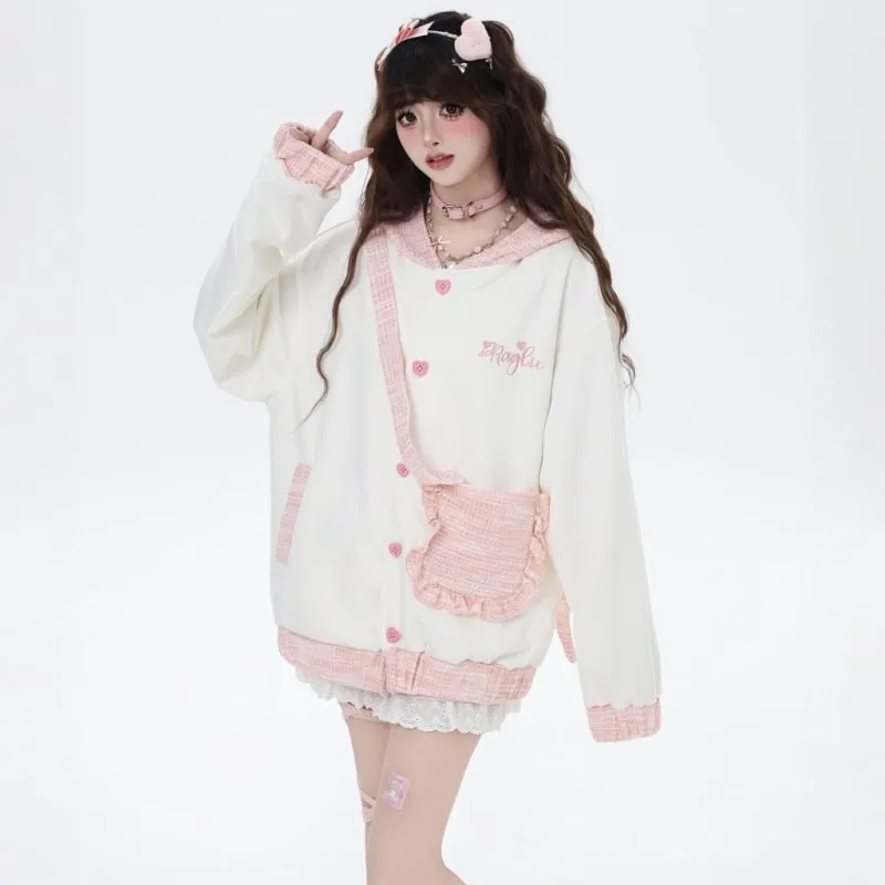 Sweet Girl Style Pink Rabbit Ears Embroidered Hooded Coat