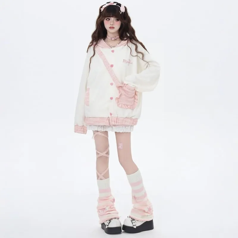 Sweet Girl Style Pink Rabbit Ears Embroidered Hooded Coat