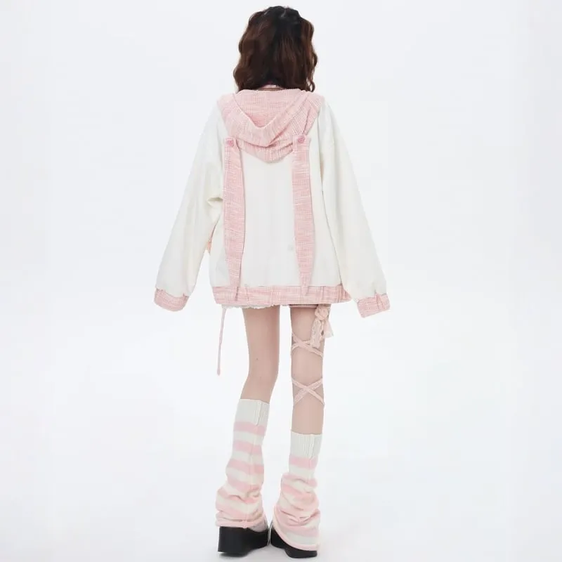 Sweet Girl Style Pink Rabbit Ears Embroidered Hooded Coat