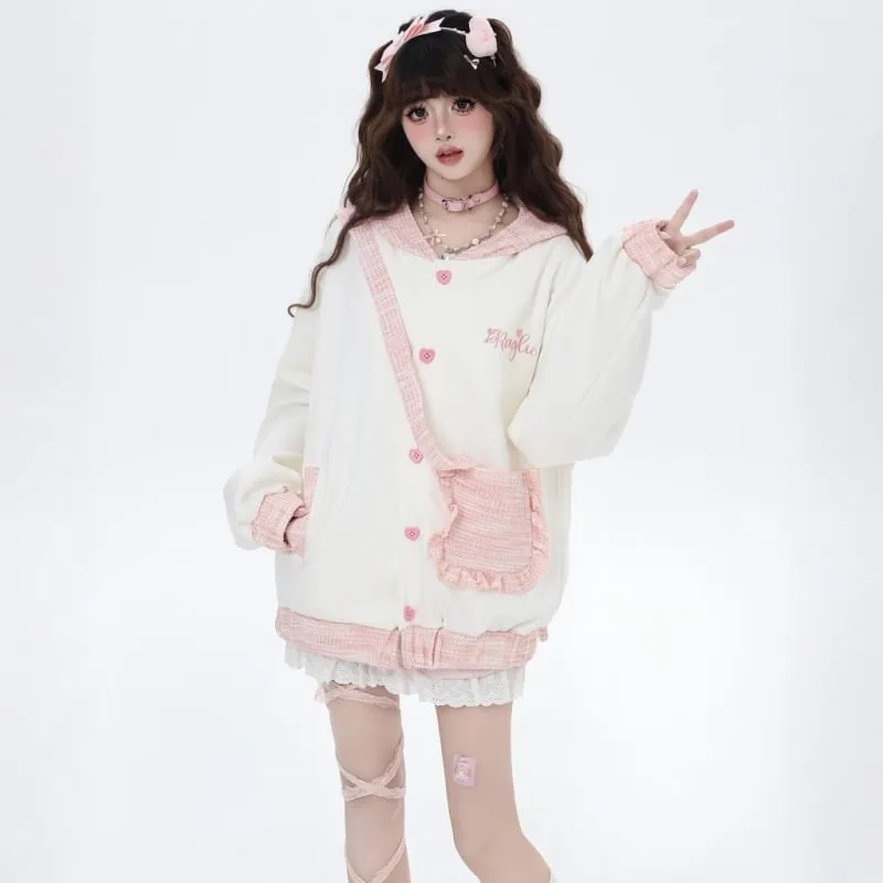 Sweet Girl Style Pink Rabbit Ears Embroidered Hooded Coat