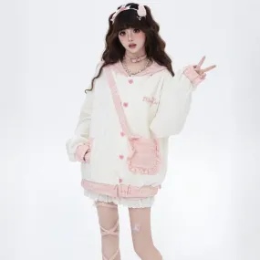 Sweet Girl Style Pink Rabbit Ears Embroidered Hooded Coat