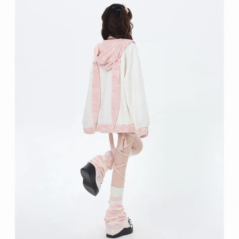 Sweet Girl Style Pink Rabbit Ears Embroidered Hooded Coat