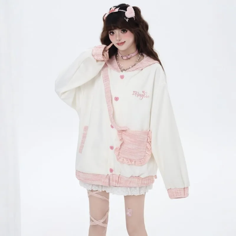 Sweet Girl Style Pink Rabbit Ears Embroidered Hooded Coat