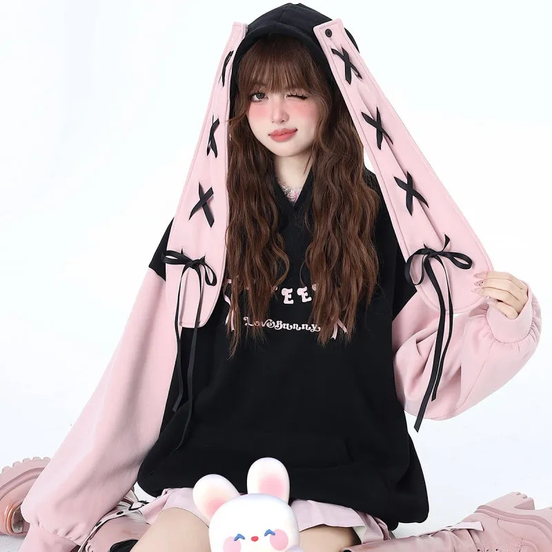 Sweet Girly Style Bunny Ear Hooded Sweatshirt